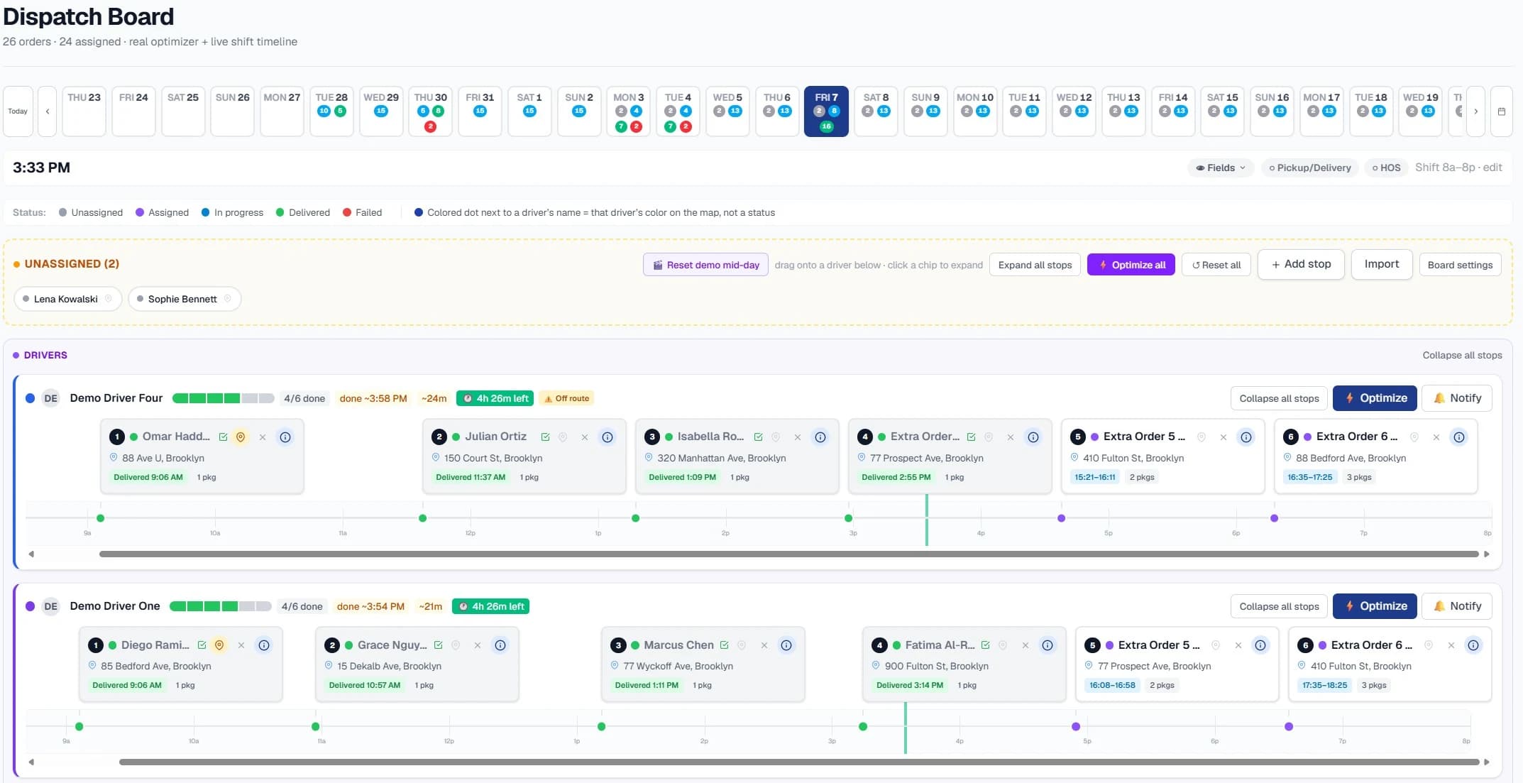 A dispatch board showing live routes, stops, and driver assignments