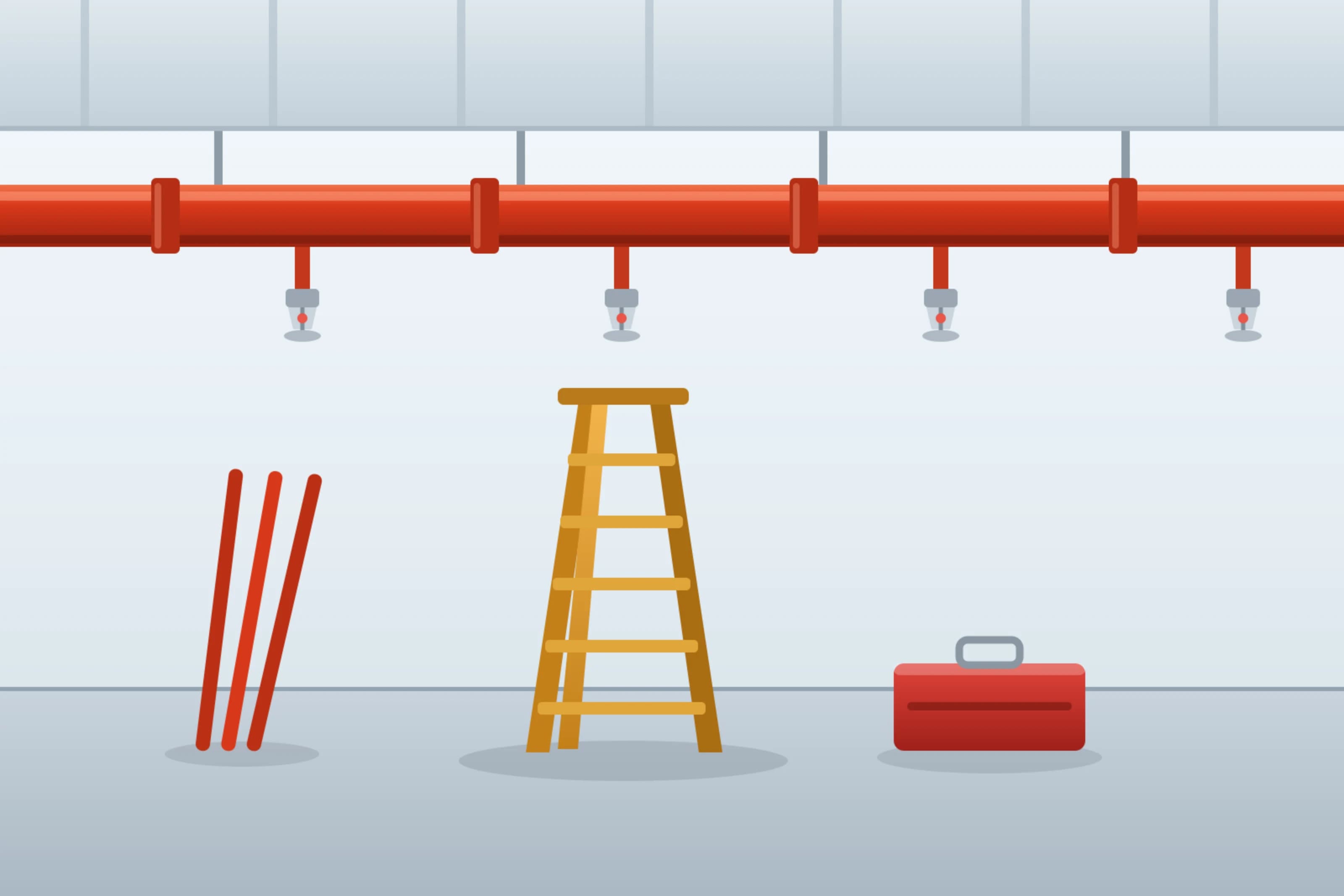 An illustration of a red sprinkler main with pendent heads below a ceiling, with a step ladder, a toolbox and spare pipe on the floor