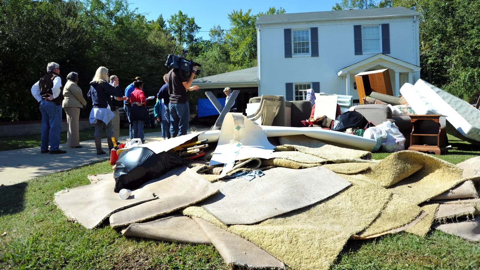 A crew clearing flood-damaged materials from outside a house