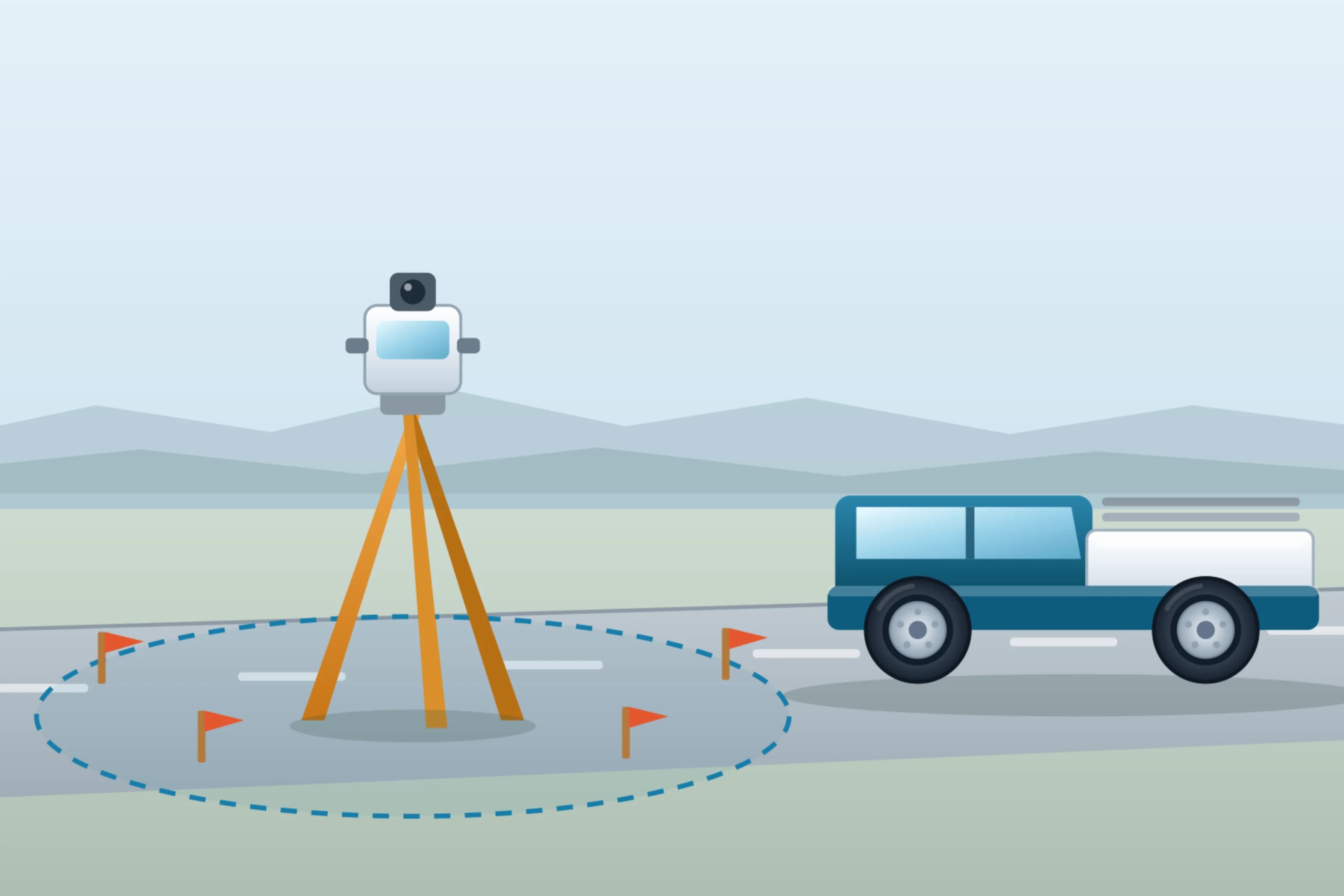 An illustration of a survey instrument on a tripod inside a marked site boundary, with a crew pickup parked on the road behind